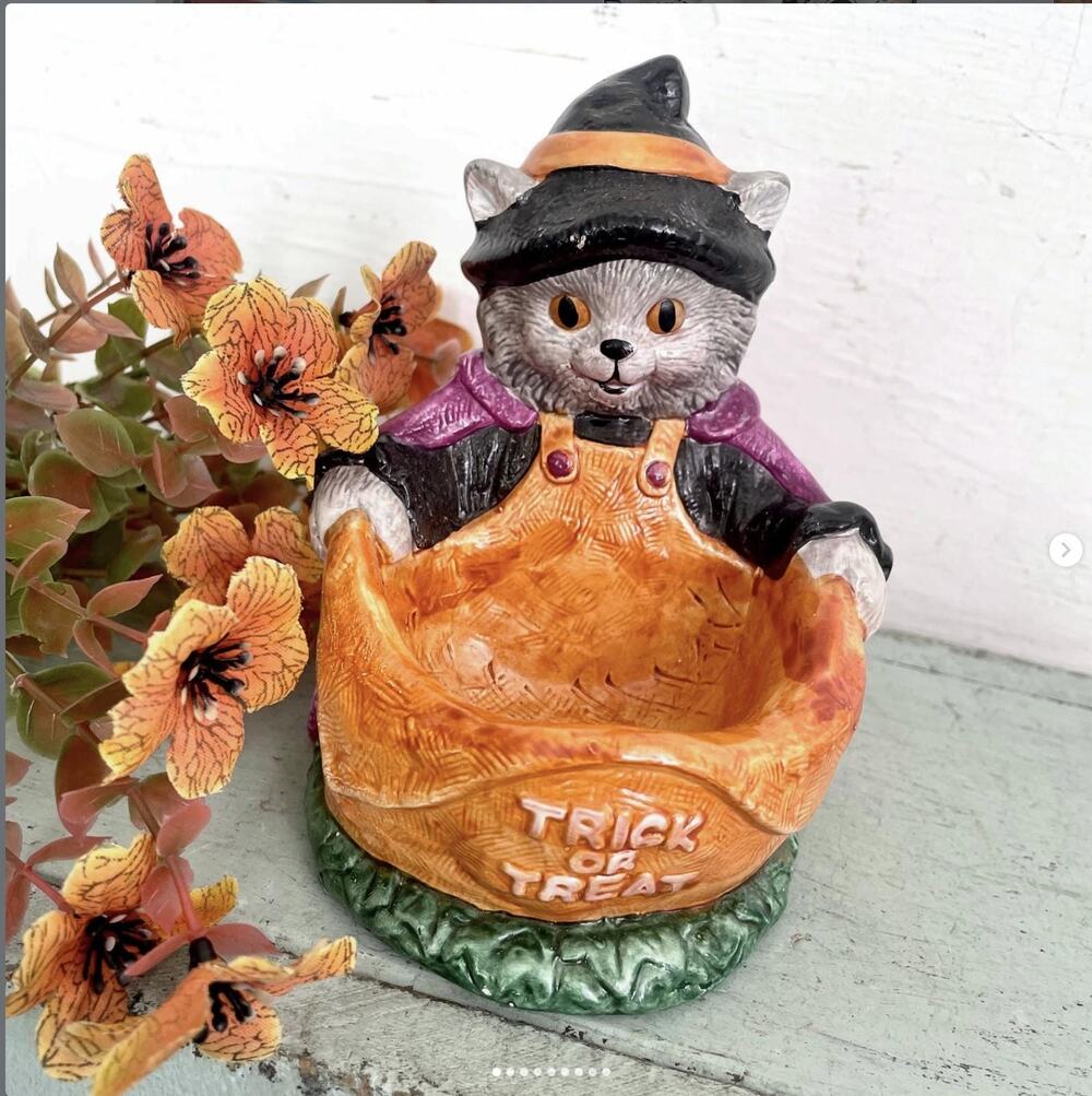 Vintage 1990s Ceramic Halloween Trick or Treat Black Cat Trinket Holder + Box